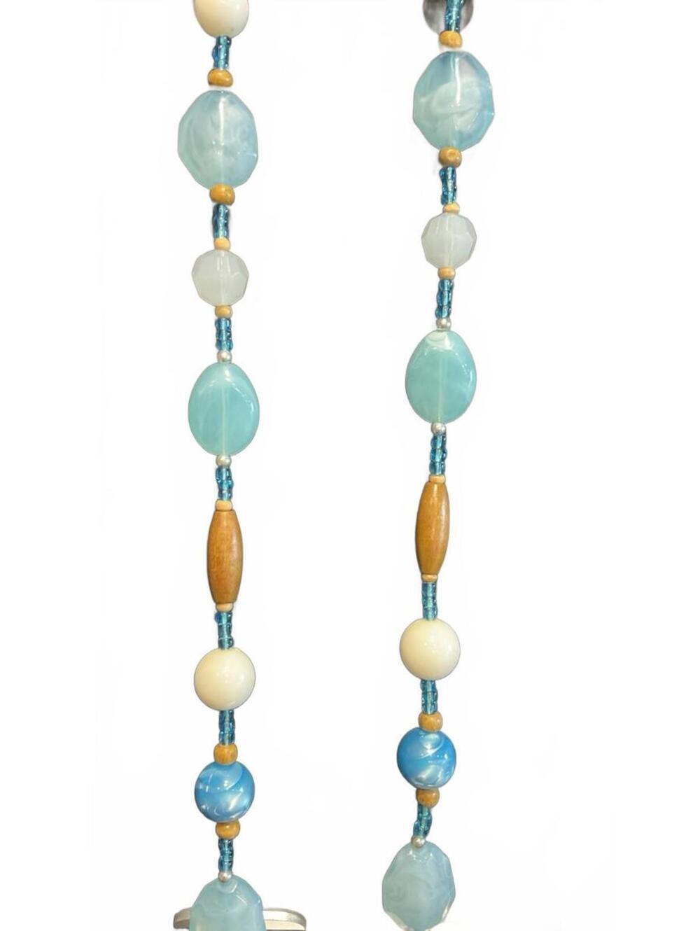 Icy Blue & Wood Bead Long Necklace Wear Single Or Layered #167